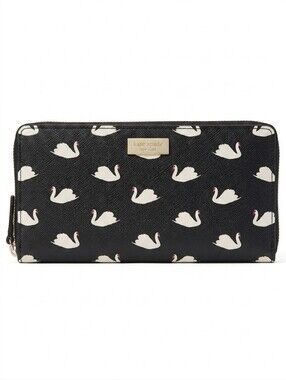 kate spade Black Swan-Print Zip Leather Wallet